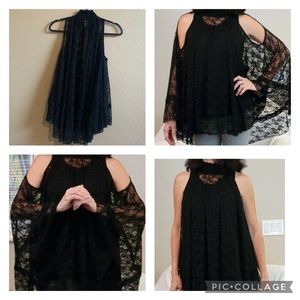 💛Free People, black lace sheer blouse w/ ruched high neck, wear 2 ways, Small